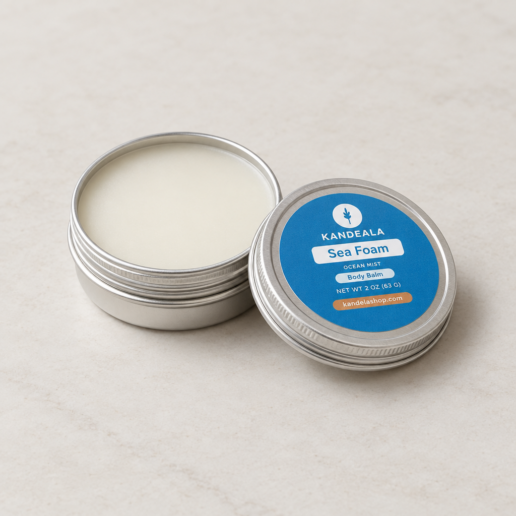 Sea Foam Body Balm open tin with untouched balm
