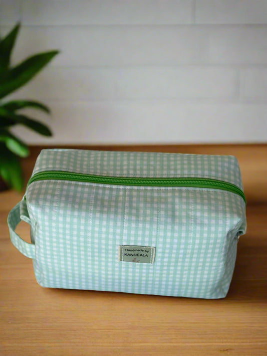 Medium Size Handmade Makeup Bag - Green Gingham