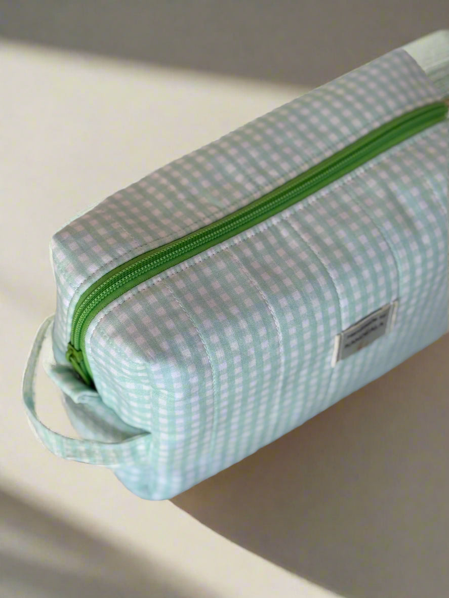 Medium Size Handmade Makeup Bag - Green Gingham