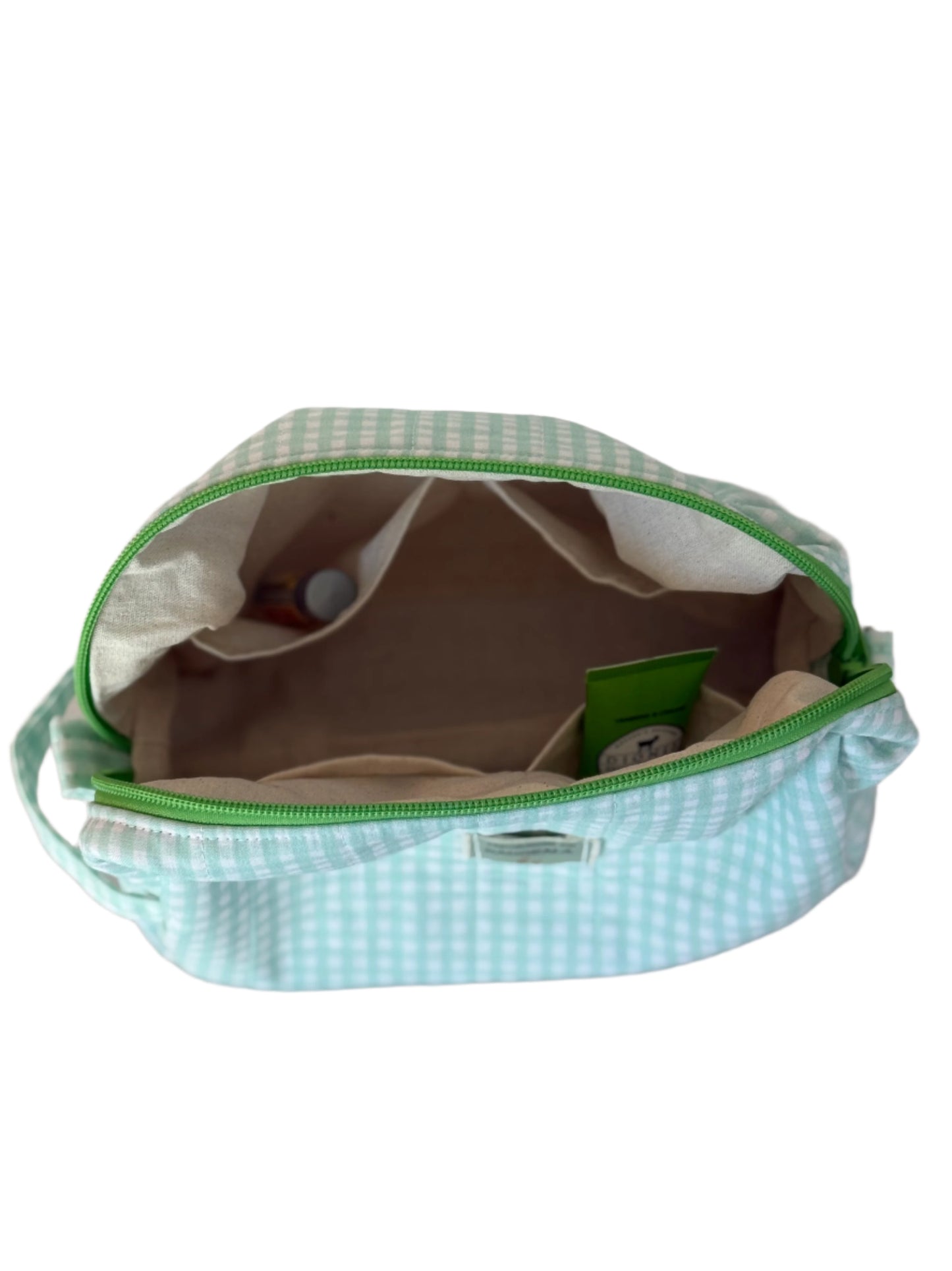 Medium Size Handmade Makeup Bag - Green Gingham