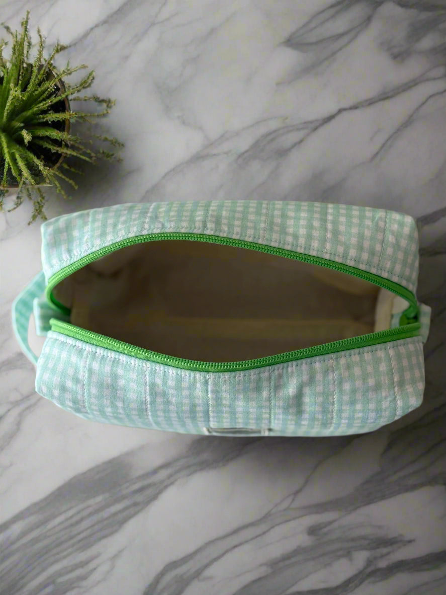 Medium Size Handmade Makeup Bag - Green Gingham