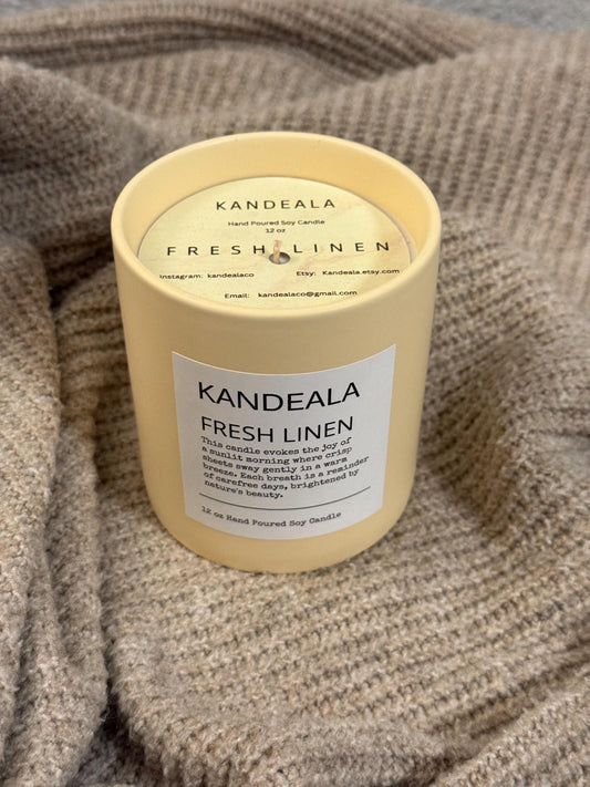 Fresh Linen 12 oz - hand poured white soy candle in a beautiful and reusable ceramic jar, gift for her, birthday gift