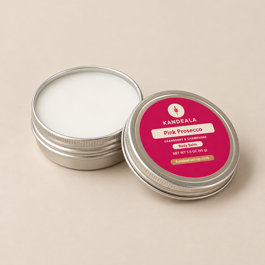 KANDEALA Pink Prosecco Body Balm open tin with white untouched balm