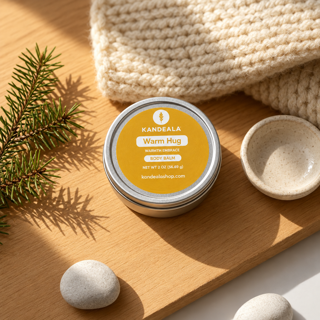 Warm Hug Body Balm on warm wood with knit blanket