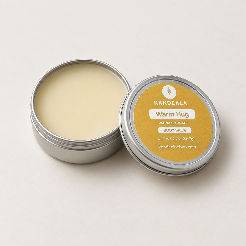 Warm Hug Body Balm open tin with untouched balm